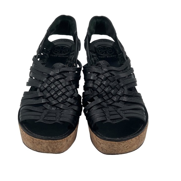 Tory Burch Black Killiam Mid Cork Wedge Platform Sandals Size 7 Women’s - Picture 3 of 9